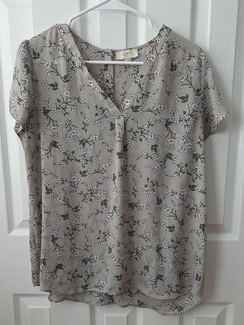 LOFT Gray Floral Split V-Neck Blouse